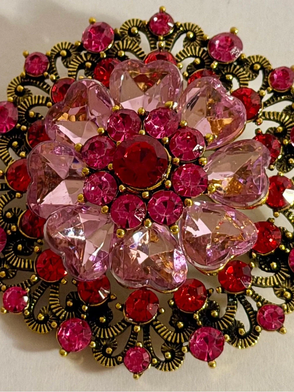 Vintage Style Pink Red Rhinestone Flower Brooch Gold Tone Filigree Statement Pin